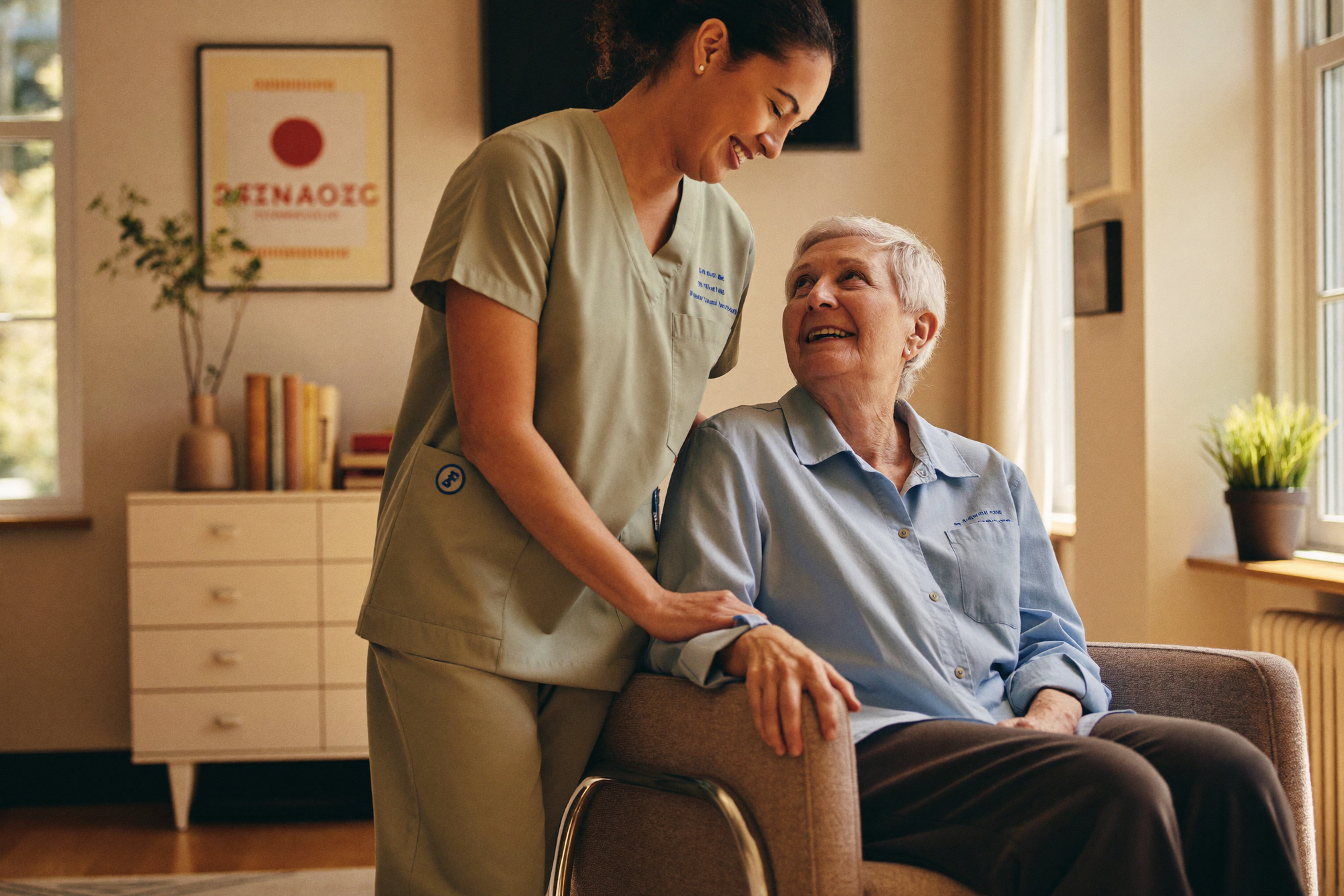 A nurse holding hands with a smiling elderly resident in a sunlit facility