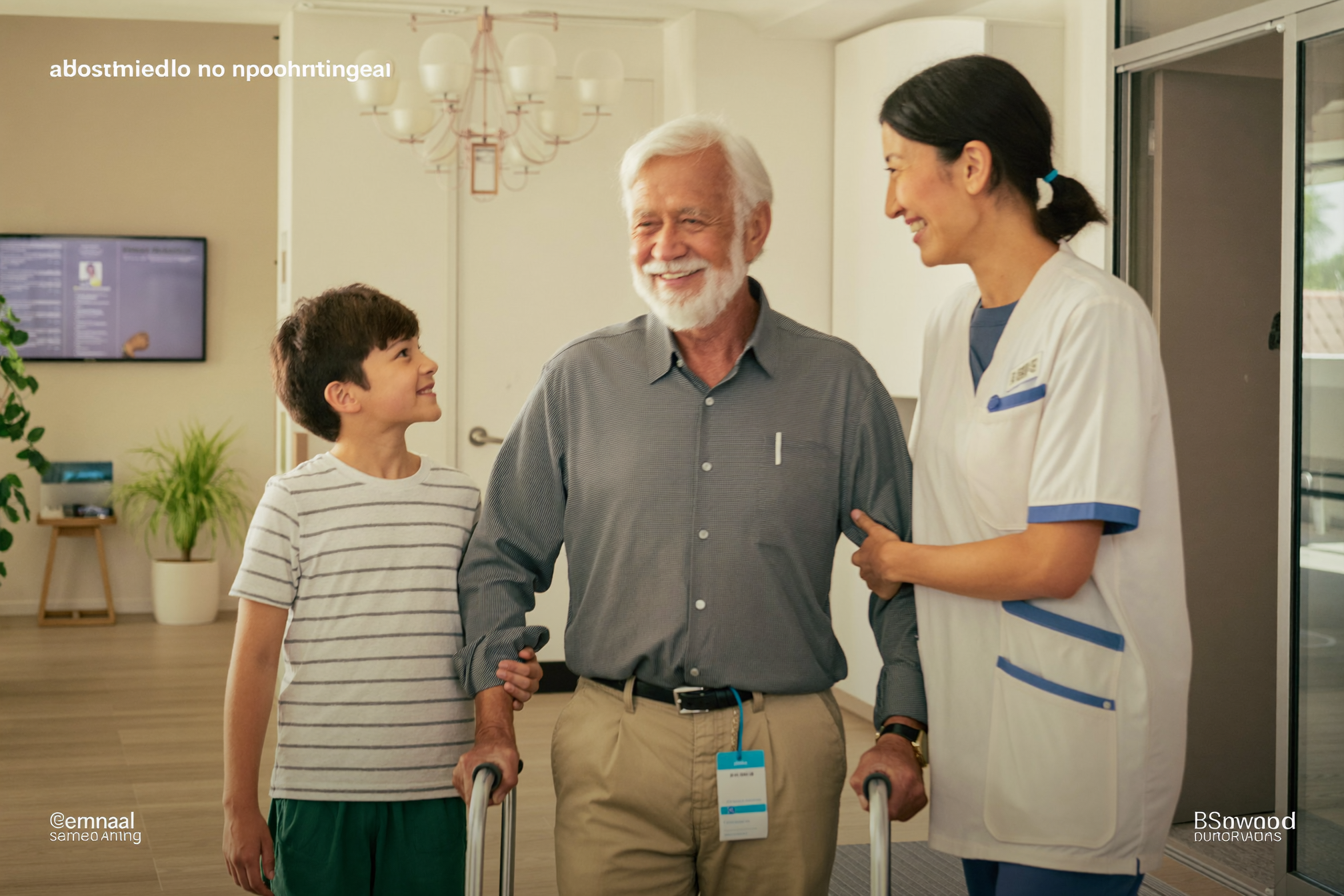 An admissions coordinator warmly welcoming an elderly new resident and his grandson in a bright facility lobby