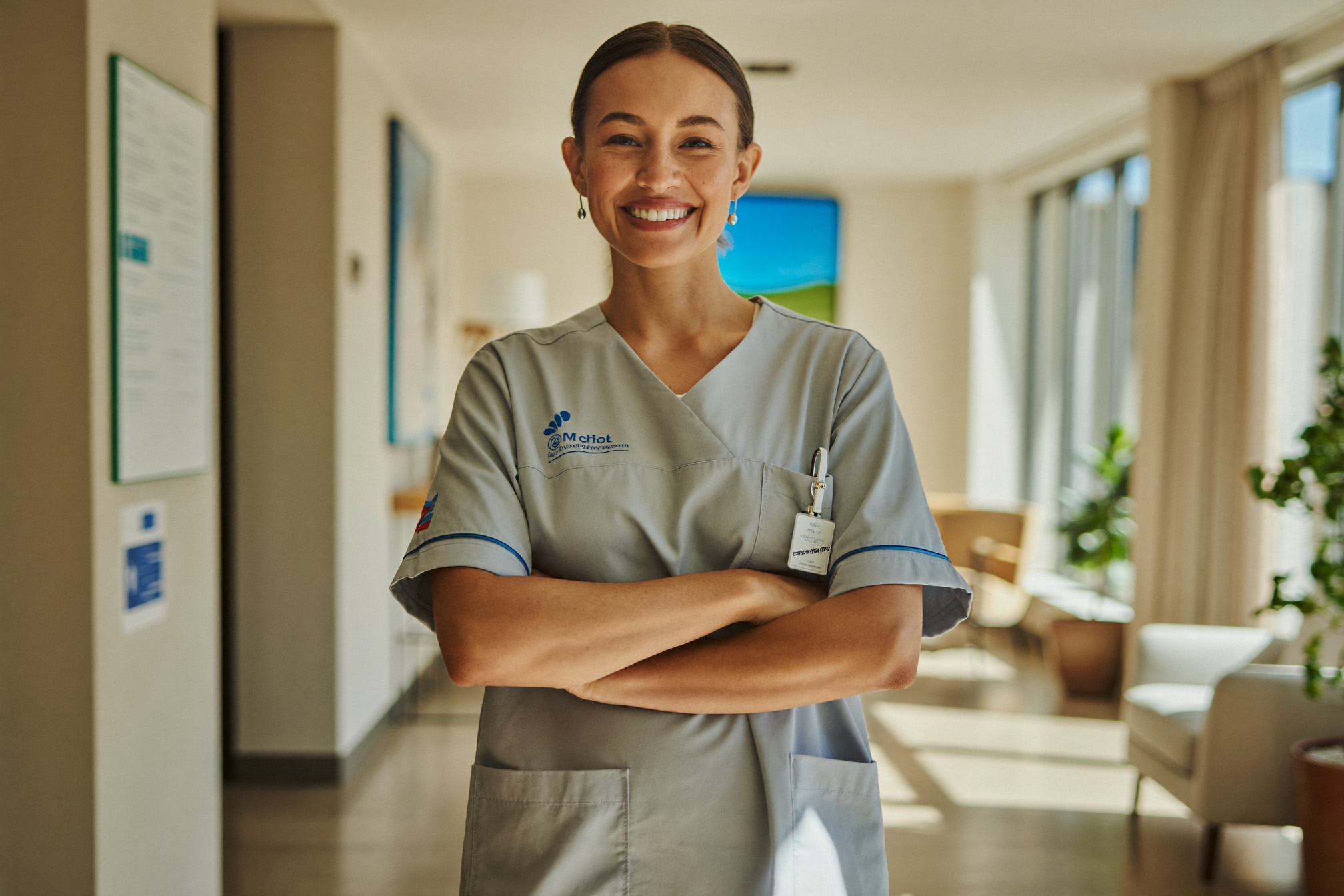 A smiling nurse leader standing in a bright, sunlit facility lounge