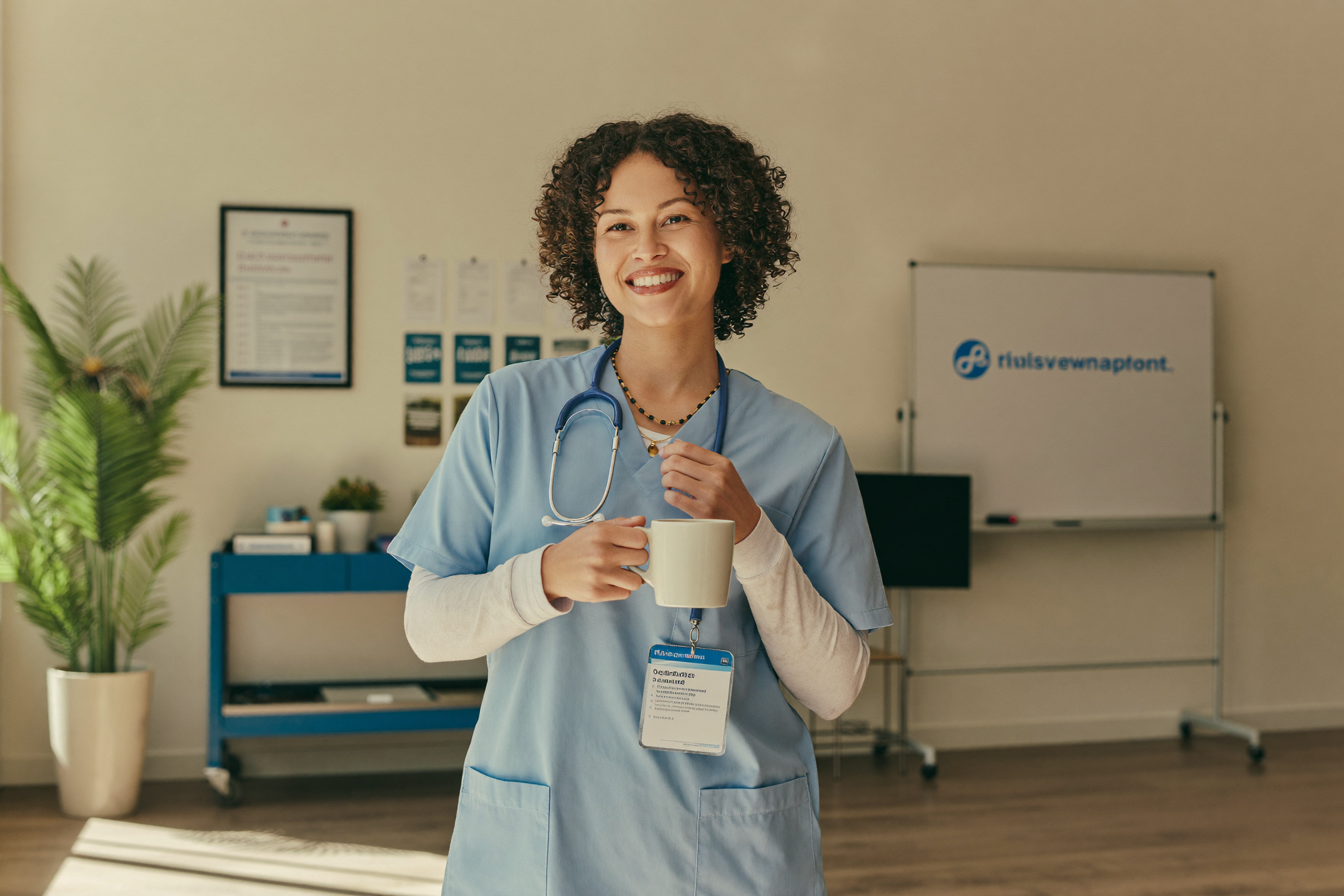 A director of staff development smiling with a coffee in a bright facility training room
