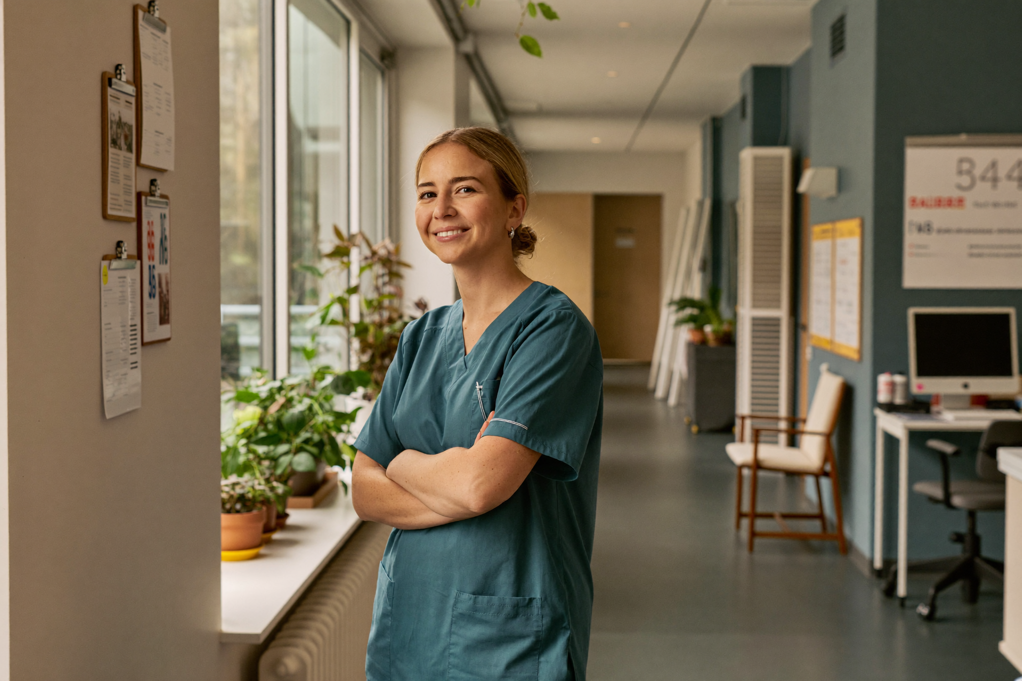 A confident charge nurse standing in a bright, sunlit facility corridor